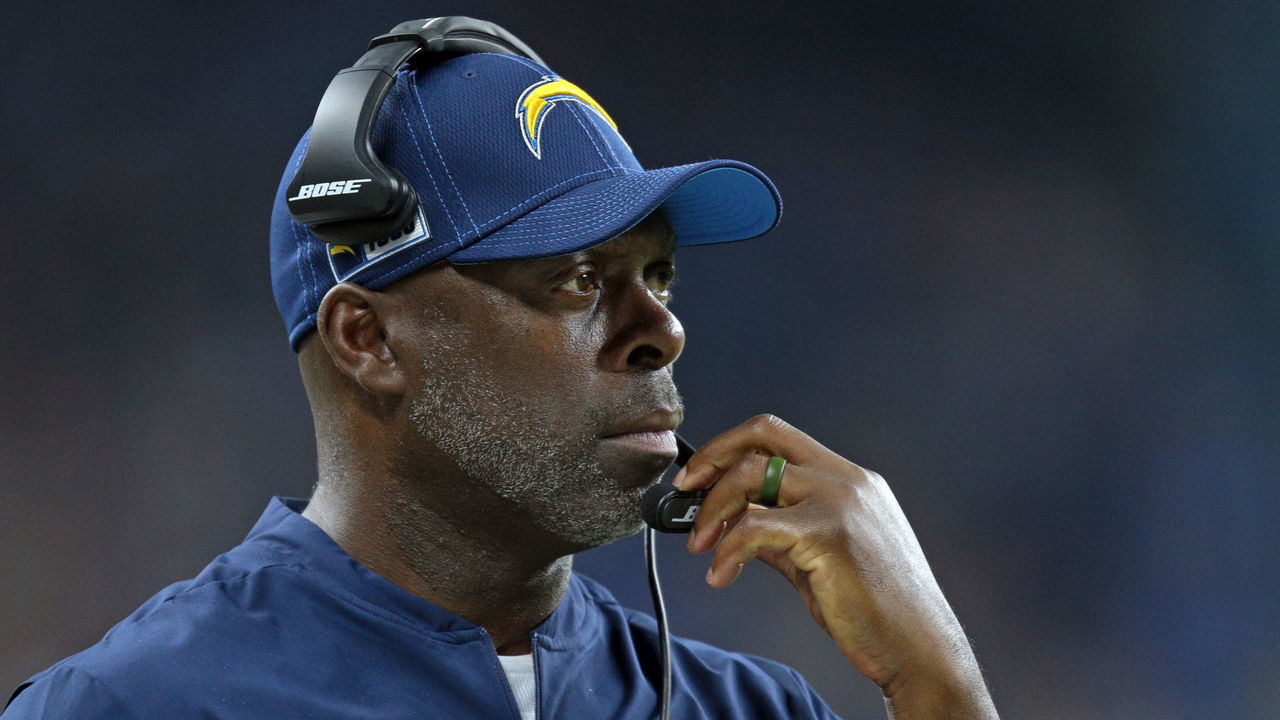 Los Angeles Chargers head coach Anthony Lynn follows the third quarter during the second half of an NFL football game against the Detroit Lions in Detroit, Michigan USA, on Sunday, September 15, 2019
