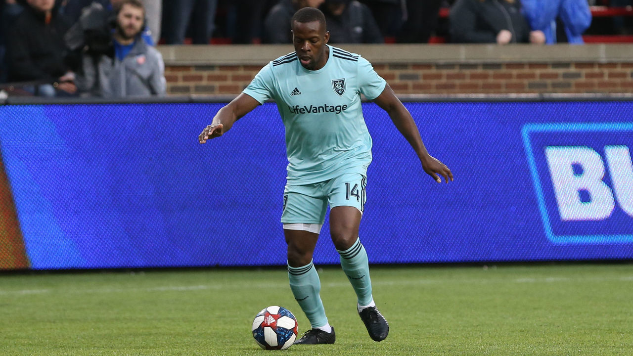 CINCINNATI, OH - APRIL 19: Real Salt Lake defender Nedum Onuoha (14) controls the ball during the match against FC Cincinnati and Real Salt Lake on April 19th 2019, at Nippert Stadium in Cincinnati OH.