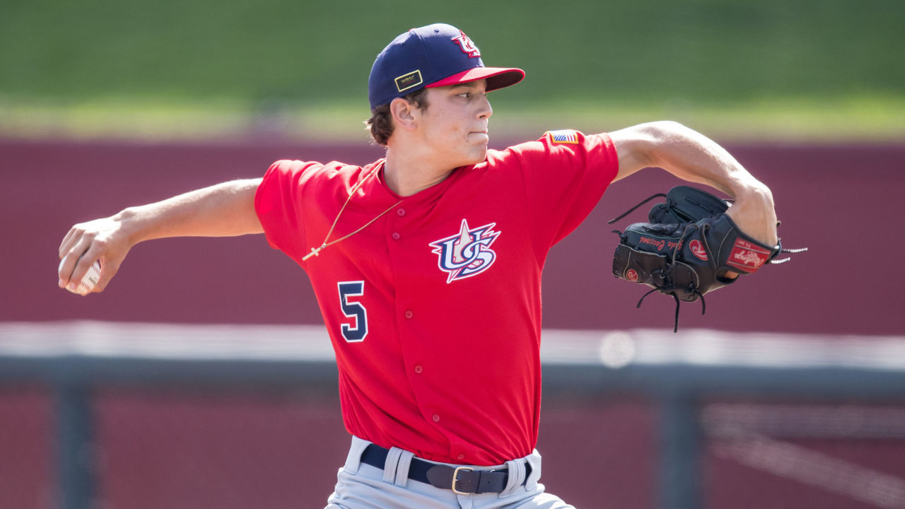 MINNEAPOLIS, MN- AUGUST 23: Slade Cecconi #5 of the USA Baseball 18U National Team during the national team trials on August 23, 2017 at Siebert Field in Minneapolis, Minnesota.