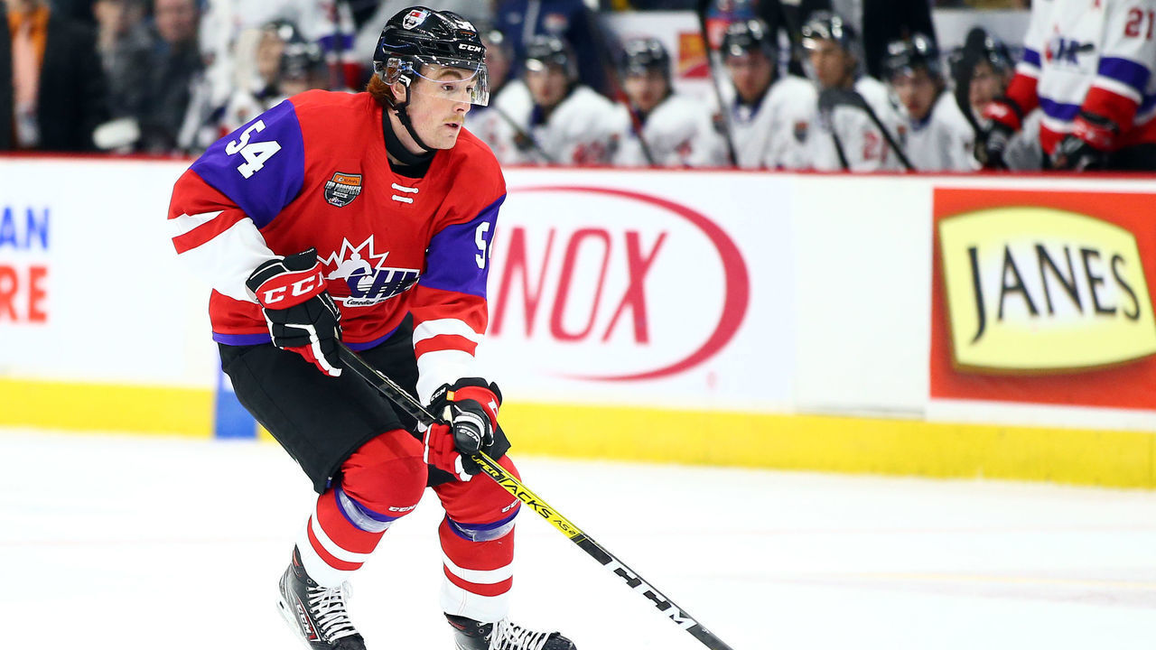 HAMILTON, ON - JANUARY 16: Jeremie Poirier #54 of Team Red skates during the 2020 CHL/NHL Top Prospects Game against Team White at FirstOntario Centre on January 16, 2020 in Hamilton, Canada.