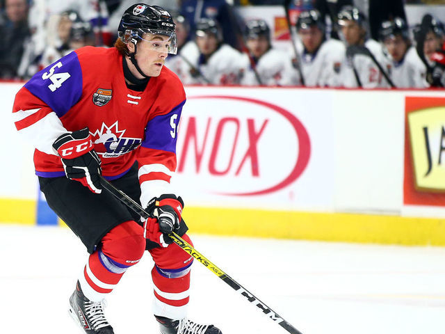 HAMILTON, ON - JANUARY 16: Jeremie Poirier #54 of Team Red skates during the 2020 CHL/NHL Top Prospects Game against Team White at FirstOntario Centre on January 16, 2020 in Hamilton, Canada.