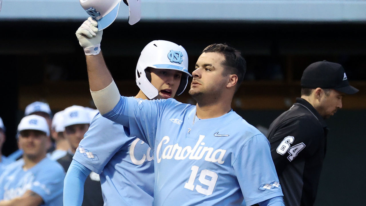 CHAPEL HILL, NC - FEBRUARY 19: Aaron Sabato #19 of the University of North Carolina celebrates his home run with teammate Dallas Tessar #7 during a game between High Point and North Carolina at Boshamer Stadium on February 19, 2020 in Chapel Hill, North Carolina.