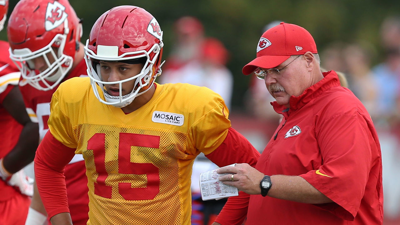 ST. JOSEPH, MO - AUGUST 05: Kansas City Chiefs quarterback Patrick Mahomes (15) and head coach Andy Reid during training camp on August 5, 2018 at Missouri Western State University in St. Joseph, MO.