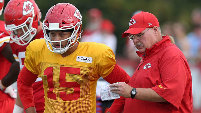ST. JOSEPH, MO - AUGUST 05: Kansas City Chiefs quarterback Patrick Mahomes (15) and head coach Andy Reid during training camp on August 5, 2018 at Missouri Western State University in St. Joseph, MO.
