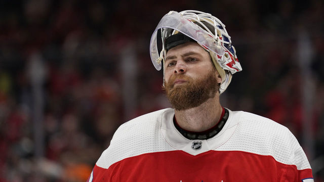WASHINGTON, DC - MARCH 04: Braden Holtby #70 of the Washington Capitals looks on during a stoppage of play against the Philadelphia Flyers in the second period at Capital One Arena on March 04, 2020 in Washington, DC.