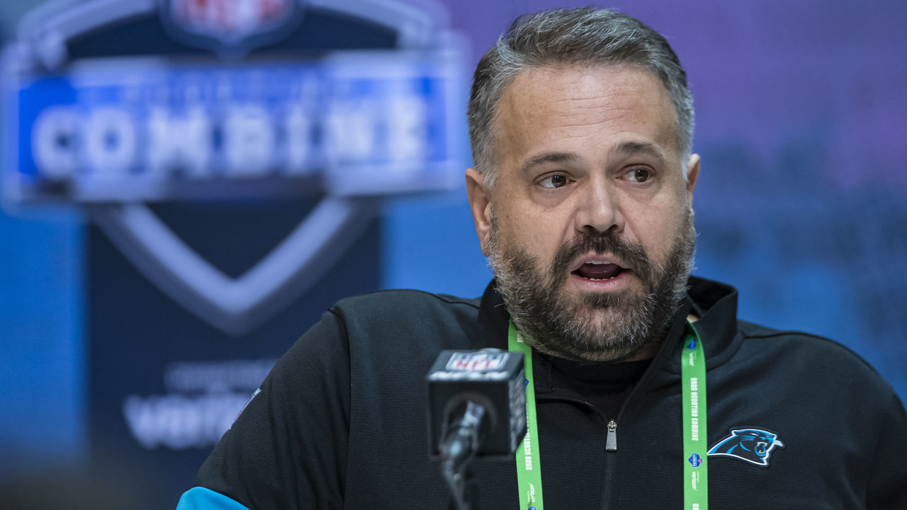 INDIANAPOLIS, IN - FEBRUARY 25: Head coach Matt Rhule fo the Carolina Panthers speaks to the media at the Indiana Convention Center on February 25, 2020 in Indianapolis, Indiana. *** Local Capture *** Matt Rhule