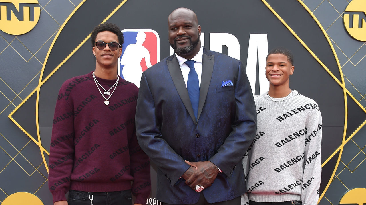 US retired basketball player Shaquille O'Neal (C) and his sons Shareef O'Neal (L) and Shaqir O'Neal (R) arrive for the 2019 NBA Awards at Barker Hangar on June 24, 2019 in Santa Monica, California.