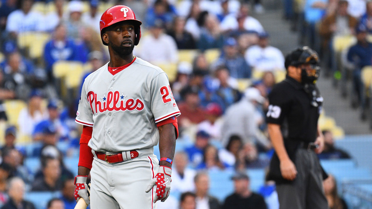 LOS ANGELES, CA - MAY 31: Philadelphia Phillies outfielder Andrew McCutchen (22) walks back to the dugout after striking out during a MLB game between the Philadelphia Phillies and the Los Angeles Dodgers on May 31, 2019 at Dodger Stadium in Los Angeles, CA.