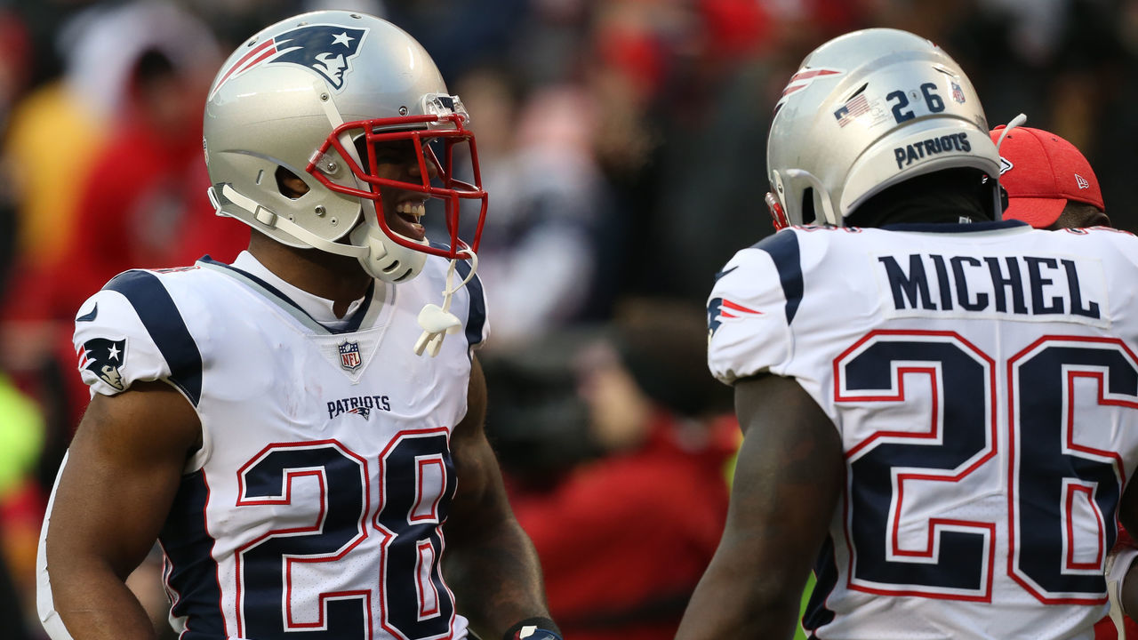 KANSAS CITY, MO - JANUARY 20: New England Patriots running backs James White (28) and Sony Michel (26) before the AFC Championship Game game between the New England Patriots and Kansas City Chiefs on January 20, 2019 at Arrowhead Stadium in Kansas City, MO.