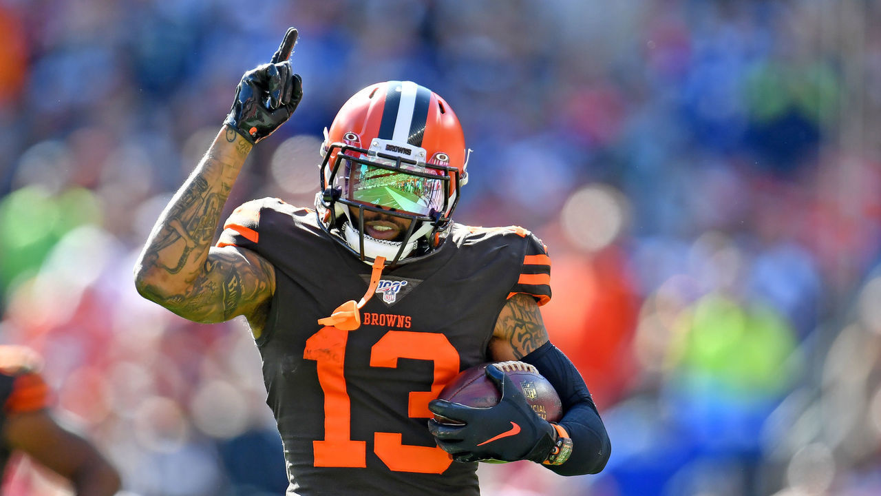 CLEVELAND, OHIO - OCTOBER 13: Odell Beckham #13 of the Cleveland Browns celebrates during the second quarter against the Seattle Seahawks at FirstEnergy Stadium on October 13, 2019 in Cleveland, Ohio.