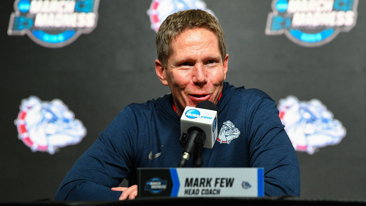 ANAHEIM, CA - MARCH 27: Gonzaga head coach Mark Few speaks to the media during a press conference during the practice day before their NCAA Division I Men's Championship Sweet Sixteen round basketball game on March 27, 2019 at Honda Center in Anaheim, CA.