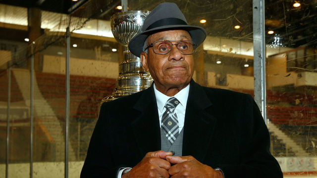PHILADELPHIA, PA - FEBRUARY 23: NHL Diversity Ambassador Willie O'Ree speaks to guests and attendees at the Willie O'Ree Skills Weekend at Class of 1923 Arena, University of Pennsylvania on February 23, 2019 in Philadelphia, Pennsylvania.