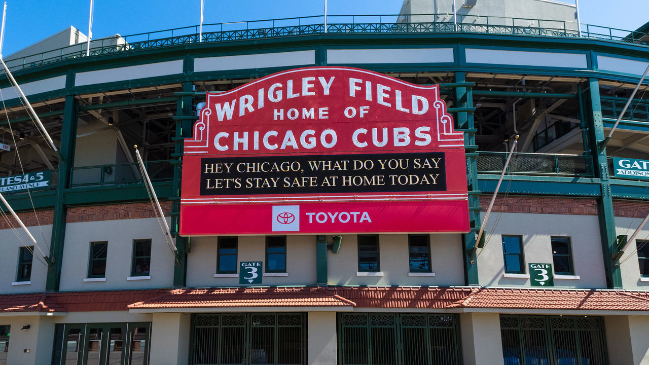 CHICAGO, ILLINOIS - APRIL 20: Wrigley Field shows a sign due to COVID-19 pandemic on April 20, 2020 in Chicago, Illinois.