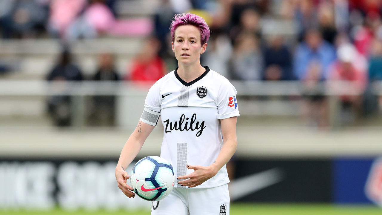 CARY, NC - OCTOBER 20: Megan Rapinoe #15 of Reign FC holds the ball during a game between Reign FC and North Carolina Courage at Sahlen's Stadium at WakeMed Soccer Park on October 20, 2019 in Cary, North Carolina. .
