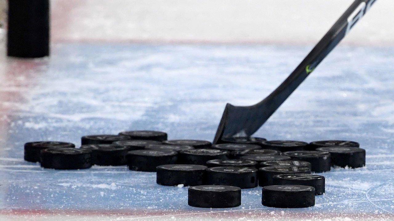 LAS VEGAS, NEVADA - FEBRUARY 20: Hockey pucks are gathered in the crease during warmups before a game between the Tampa Bay Lightning and the Vegas Golden Knights at T-Mobile Arena on February 20, 2020 in Las Vegas, Nevada. The Golden Knights defeated the Lightning 5-3.