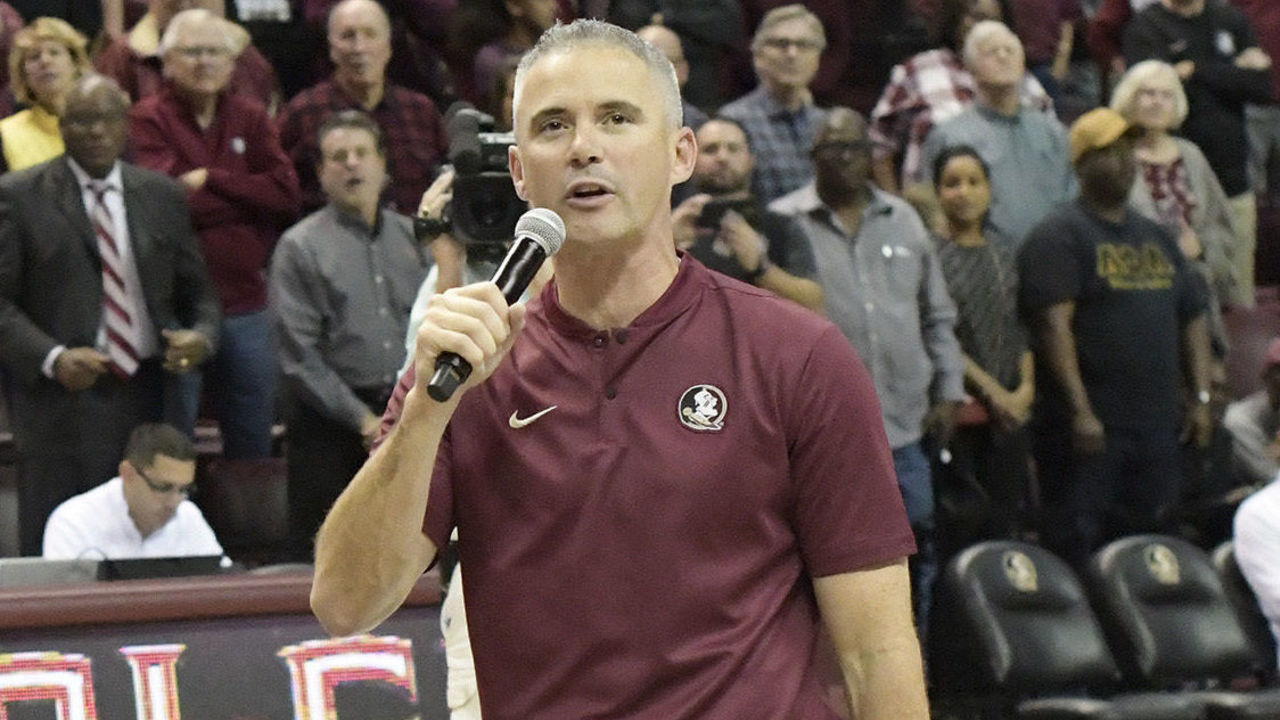 TALLAHASSEE, FL - DECEMBER 08: Mike Norvell, new Florida State University (FSU) Seminoles head football coach, greets fans during an Atlantic Coast Conference (ACC) basketball game Sunday, December 8, 2019, in the Donald Tucker Civic Center in Tallahassee, Florida.