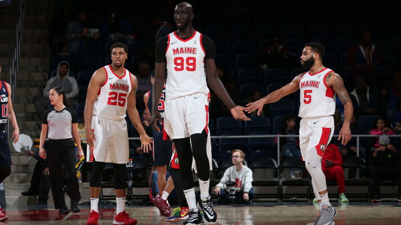 WASHINGTON, DC - DECEMBER 27: Tacko Fall #99 of the Maine Red Claws against the Capital City Go-Go during a NBA G-League game at the Entertainment and Sports Arena on December 27, 2019 in Washington, DC.
