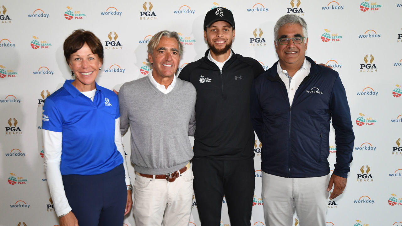 SAN FRANCISCO, CA - SEPTEMBER 16: (L-R) PGA of America President, Suzy Whaley, PGA of America CEO, Seth Waugh, Stephen Curry, and Workday CEO, Aneel Bhusri pose for a photo during the 2019 Stephen Curry Charity Classic presented by Workday at TPC Harding Park on September 16, 2019 in San Francisco, California.