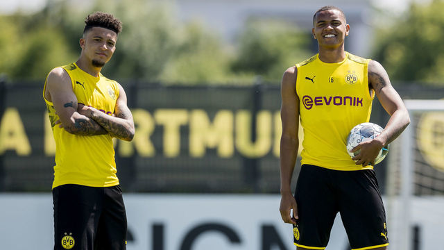 DORTMUND, GERMANY - MAY 29: Jadon Sancho (L) and Manuel Akanji (R) of Borussia Dortmund during a training session of Borussia Dortmund on May 29, 2020 in Dortmund, Germany.