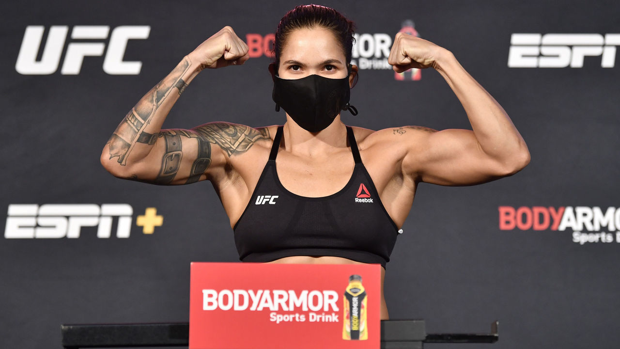 LAS VEGAS, NEVADA - JUNE 05: Amanda Nunes of Brazil poses on the scale during the UFC 250 weigh-in at UFC APEX on June 05, 2020 in Las Vegas, Nevada.