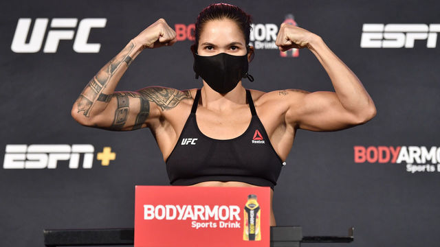 LAS VEGAS, NEVADA - JUNE 05: Amanda Nunes of Brazil poses on the scale during the UFC 250 weigh-in at UFC APEX on June 05, 2020 in Las Vegas, Nevada.