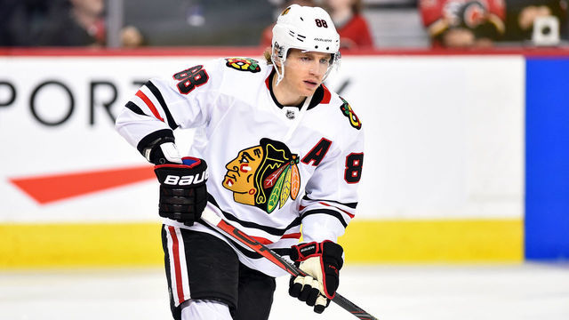 CALGARY, AB - FEBRUARY 15: Chicago Blackhawks Right Wing Patrick Kane (88) warms up before an NHL game where the Calgary Flames hosted the Chicago Blackhawks on February 15, 2020, at the Scotiabank Saddledome in Calgary, AB.