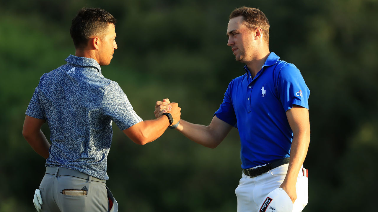 KAPALUA, HAWAII - JANUARY 05: Xander Schauffele of the United States and Justin Thomas of the United States shake hands on the 18th green after Schauffele was knocked out of the playoff during the final round of the Sentry Tournament Of Champions at the Kapalua Plantation Course on January 05, 2020 in Kapalua, Hawaii.