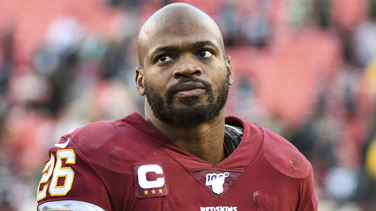 LANDOVER, MD - DECEMBER 15: Washington Redskins running back Adrian Peterson (26) walks off the field following the loss to the Philadelphia Eagles on December 15, 2019, at FedEx Field in Landover, MD.