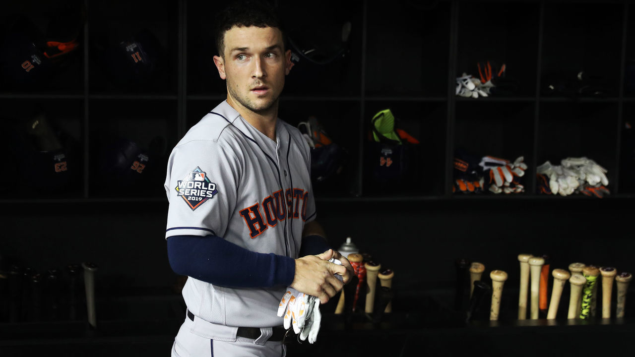 WASHINGTON, DC - OCTOBER 27: Alex Bregman #2 of the Houston Astros looks on from the dugout in the first inning during Game 5 of the 2019 World Series between the Houston Astros and the Washington Nationals at Nationals Park on Sunday, October 27, 2019 in Washington, District of Columbia.