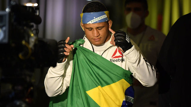 LAS VEGAS, NEVADA - MAY 30: Gilbert Burns of Brazil prepares to fight Tyron Woodley in their welterweight fight during the UFC Fight Night event at UFC APEX on May 30, 2020 in Las Vegas, Nevada.