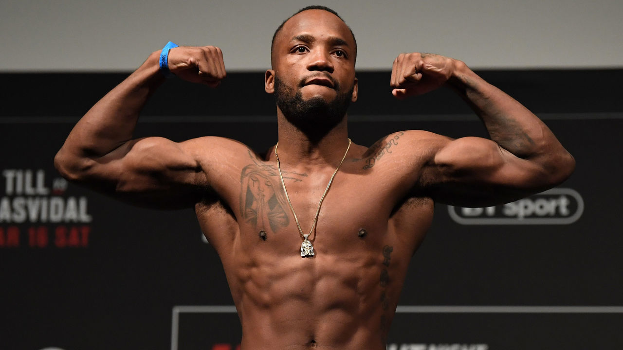 LONDON, ENGLAND - MARCH 15: Leon Edwards of United Kingdom poses on the scale during the UFC Fight Night weigh-in at The O2 on March 15, 2019 in London, England.