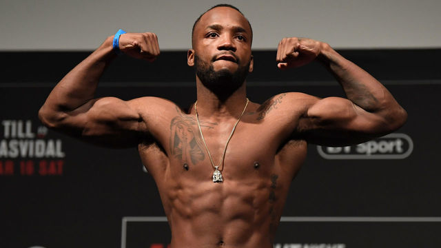 LONDON, ENGLAND - MARCH 15: Leon Edwards of United Kingdom poses on the scale during the UFC Fight Night weigh-in at The O2 on March 15, 2019 in London, England.