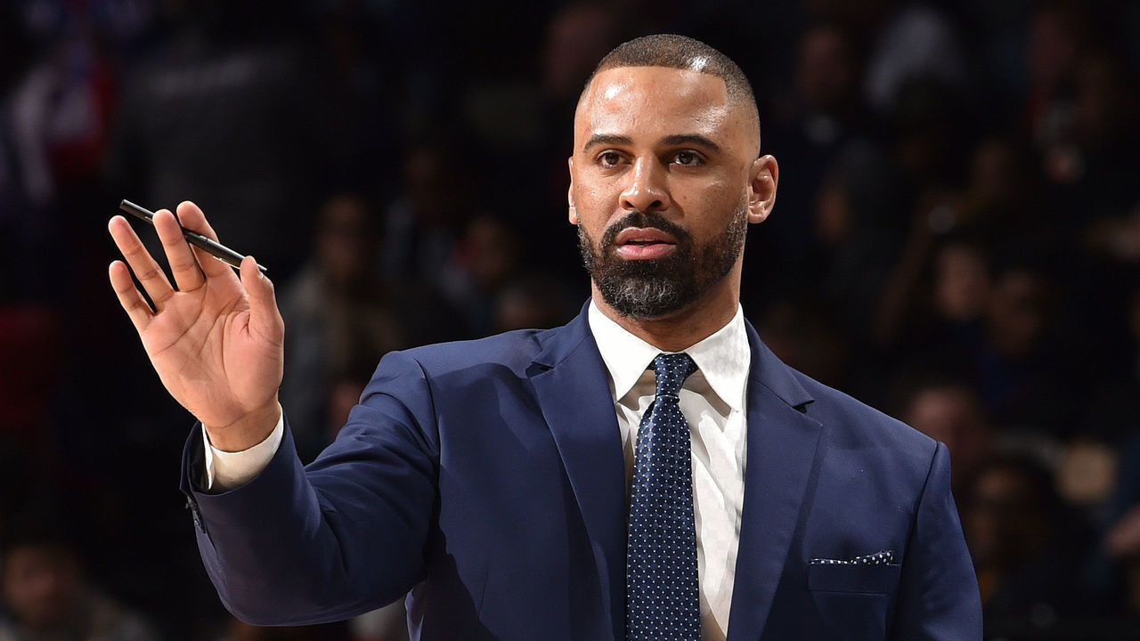 PHILADELPHIA, PA - FEBRUARY 27: Assistant Coach Ime Udoka of the Philadelphia 76ers looks on during the game against the New York Knicks on February 27, 2020 at the Wells Fargo Center in Philadelphia, Pennsylvania NOTE TO USER: User expressly acknowledges and agrees that, by downloading and/or using this Photograph, user is consenting to the terms and conditions of the Getty Images License Agreement. Mandatory Copyright Notice: Copyright 2020 NBAE