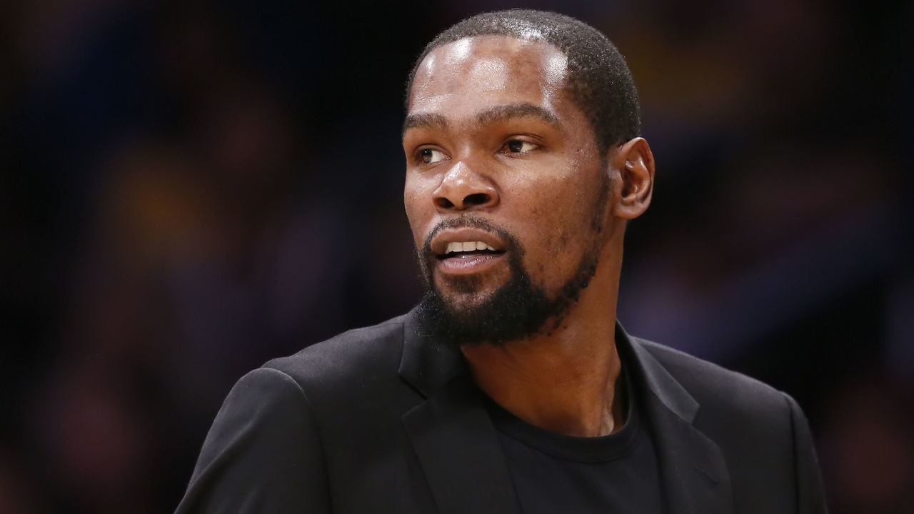 LOS ANGELES, CA - MARCH 10: Kevin Durant looks on during a game at the Staples Center on March 10, 2020 in Los Angeles, CA. Mandatory Credit: 2020 NBAE