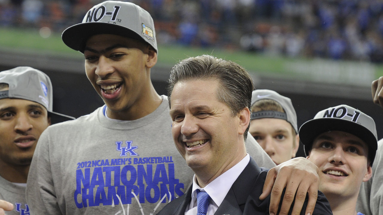 02 APR 2012: Head coach John Calipari and forward Anthony Davis (23) from the University of Kentucky celebrate following the Championship Game of the 2012 NCAA Photos via Getty Images Men's Division I Basketball Championship Final Four held at the Mercedes-Benz Superdome hosted by Tulane University in New Orleans, LA. Kentucky defeated Kansas 67-59 to claim the championship title. Ryan McKee/ NCAA Photos via Getty Images.