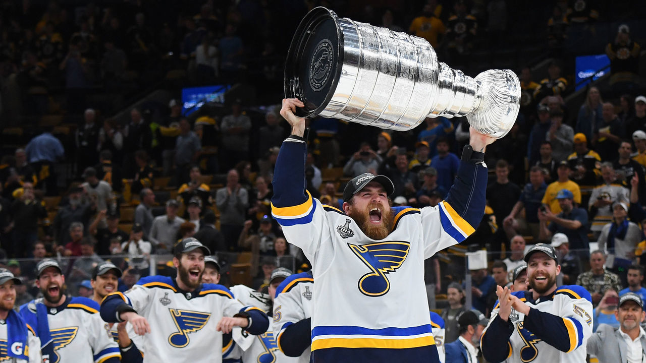 BOSTON, MA - JUNE 12: Ryan O'Reilly #90 of the St Louis Blues celebrates after beating the Boston Bruins in Game Seven of the Stanley Cup Final at the TD Garden on June 12, 2019 in Boston, Massachusetts.
