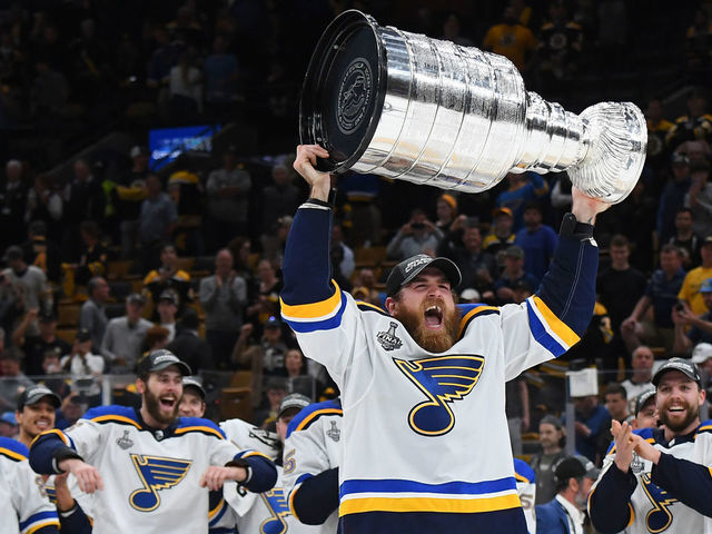 BOSTON, MA - JUNE 12: Ryan O'Reilly #90 of the St Louis Blues celebrates after beating the Boston Bruins in Game Seven of the Stanley Cup Final at the TD Garden on June 12, 2019 in Boston, Massachusetts.