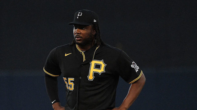 TAMPA, FLORIDA - FEBRUARY 24: Josh Bell #55 of the Pittsburgh Pirates looks on during the spring training game against the New York Yankees at Steinbrenner Field on February 24, 2020 in Tampa, Florida.