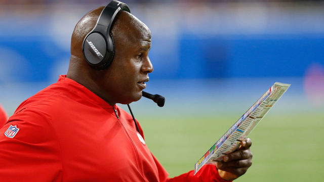 DETROIT, MI - SEPTEMBER 29: Kansas City Chiefs offensive coordinator Eric Bieniemy watches the action on the field during a regular season game between the Kansas City Chiefs and the Detroit Lions on September 29, 2019 at Ford Field in Detroit, Michigan.
