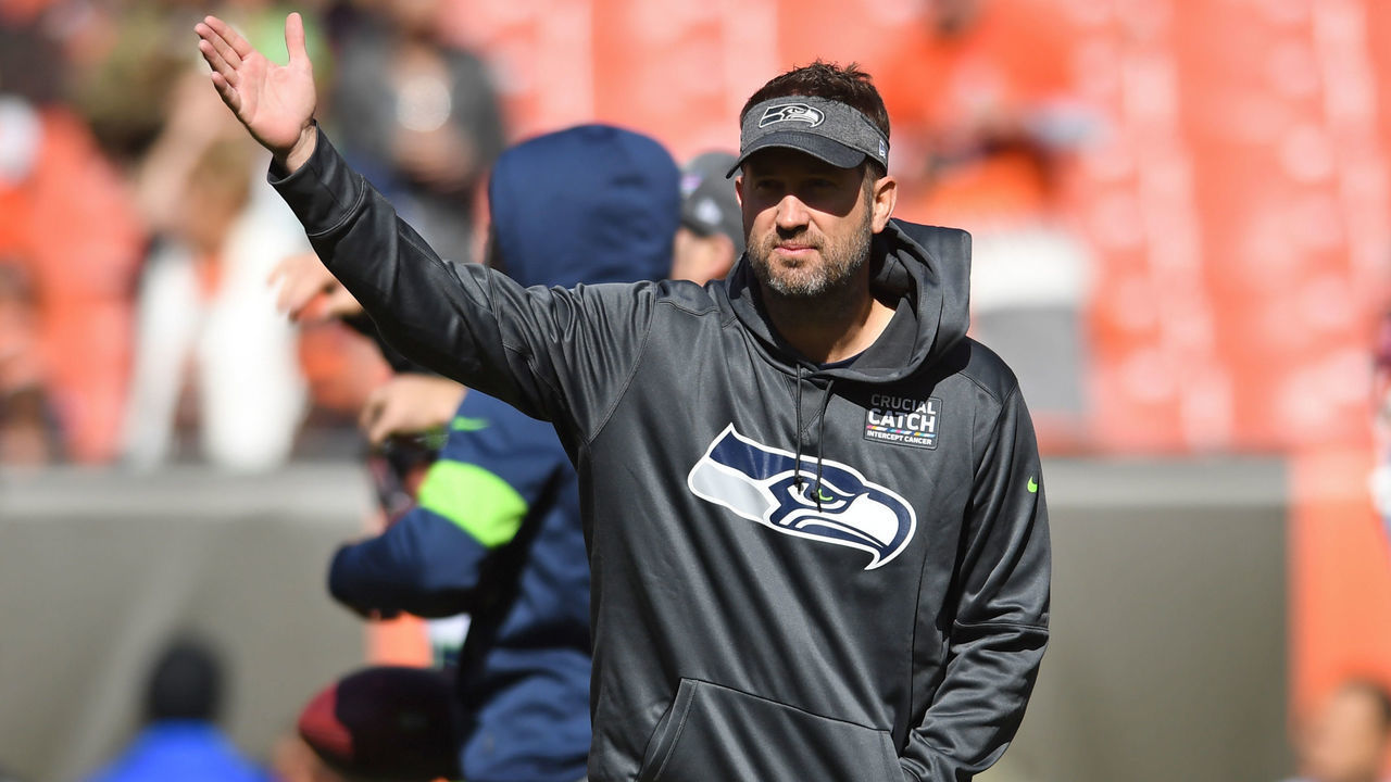 CLEVELAND, OH - OCTOBER 13, 2019: Offensive coordinator Brian Schottenheimer of the Seattle Seahawks on the field prior to a game against the Cleveland Browns on October 13, 2019 at FirstEnergy Stadium in Cleveland, Ohio. Seattle won 32-28. (Photo by: 2019 Nick Cammett/Diamond Images via Getty Images)