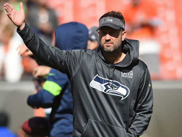 CLEVELAND, OH - OCTOBER 13, 2019: Offensive coordinator Brian Schottenheimer of the Seattle Seahawks on the field prior to a game against the Cleveland Browns on October 13, 2019 at FirstEnergy Stadium in Cleveland, Ohio. Seattle won 32-28. (Photo by: 2019 Nick Cammett/Diamond Images via Getty Images)