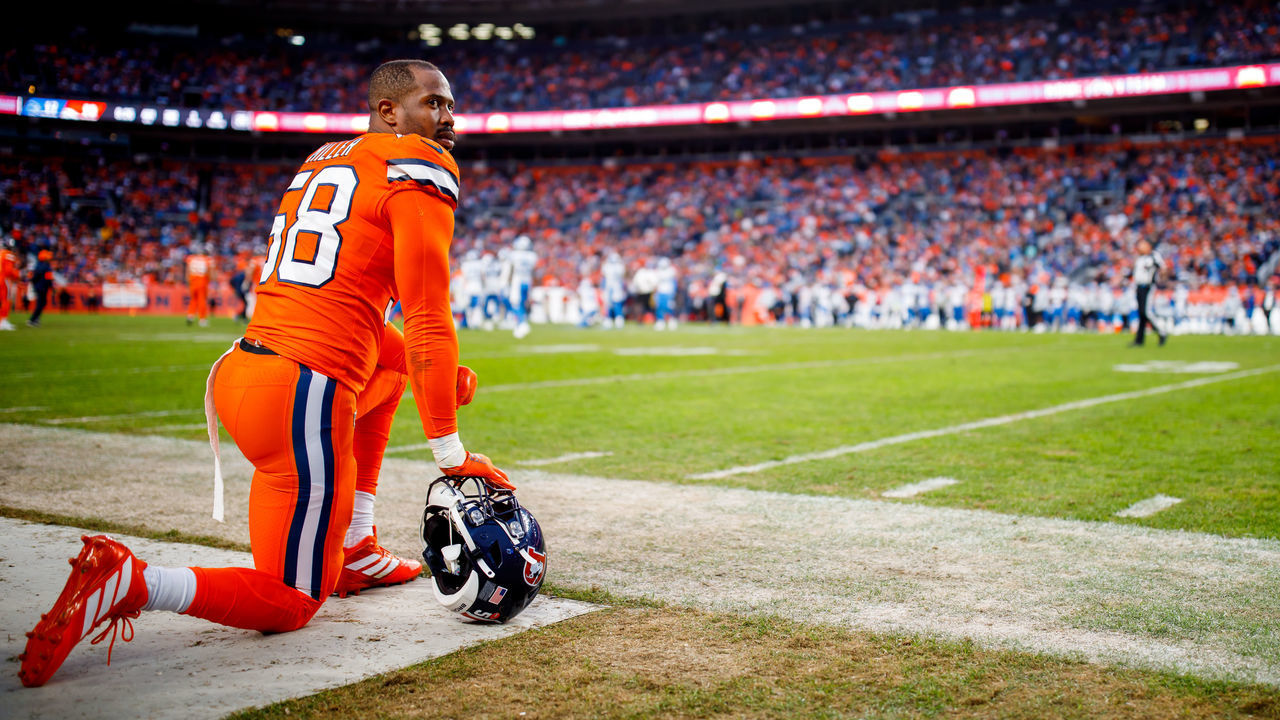 DENVER, CO - DECEMBER 22: Linebacker Von Miller #58 of the Denver Broncos kneels on the sidelines against the Detroit Lions during the fourth quarter at Empower Field at Mile High on December 22, 2019 in Denver, Colorado. The Broncos defeated the Lions 27-17.