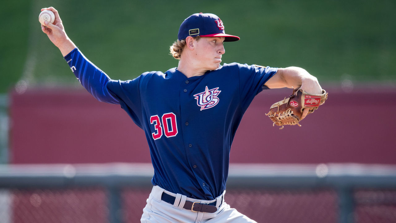 MINNEAPOLIS, MN- AUGUST 23: Cole Wilcox #30 of the USA Baseball 18U National Team during the national team trials on August 23, 2017 at Siebert Field in Minneapolis, Minnesota.