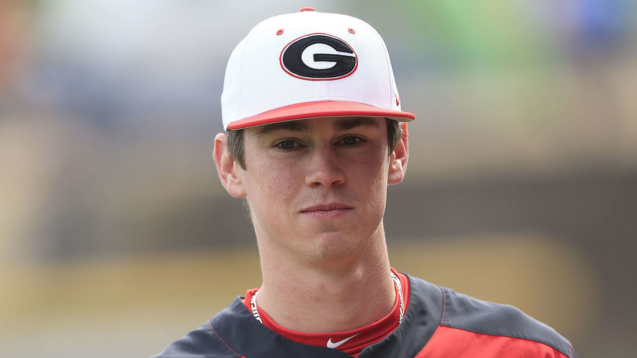 LAWRENCEVILLE, GA - MARCH 01: Emerson Hancock (17) prior to the mens college baseball game between the Georgia Bulldogs and the Georgia Tech Yellow Jackets on March 01, 2020 at Coolray Field in Lawrenceville, GA.