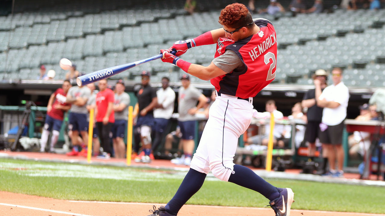 CLEVELAND, OH - JULY 7: Austin Hendrick bats during the High School Home Run Derby at Progressive field during All-Star Week on Sunday, July 7, 2019 in Cleveland, Ohio.
