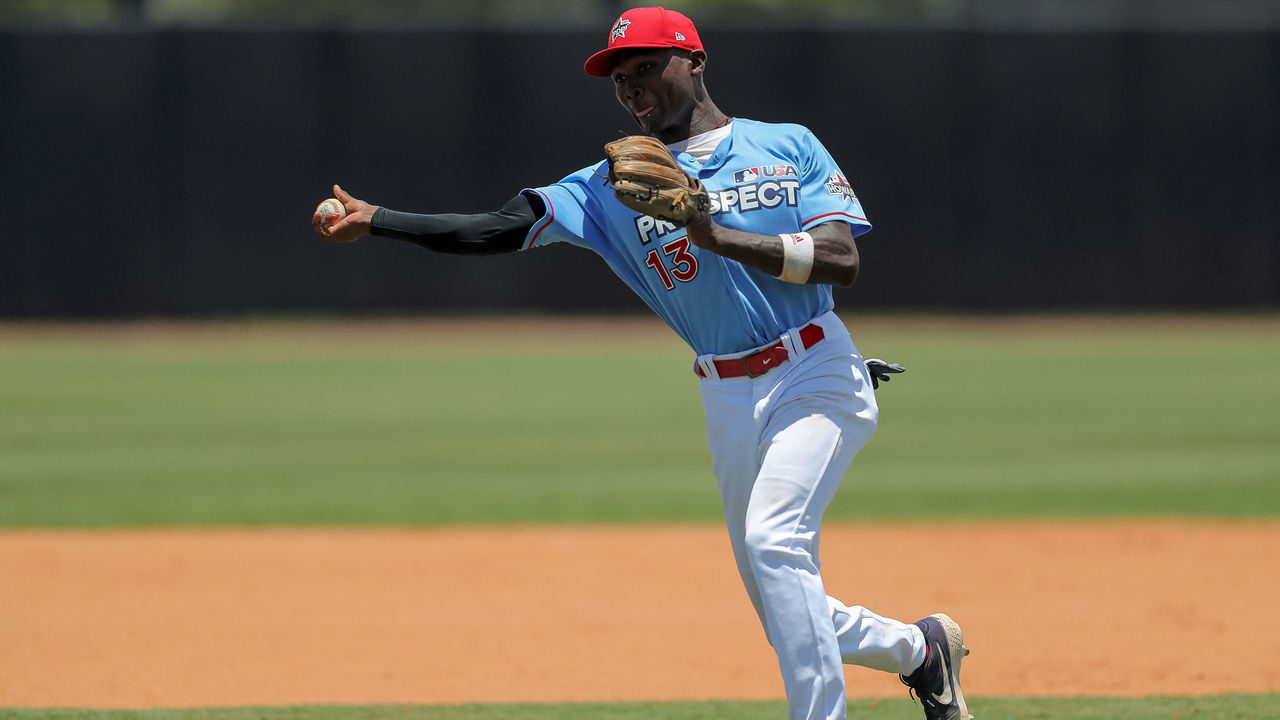 BRADENTON, FL - JULY 2: Ed Howard throws home during infield/outfield prior to a PDP League Game at the IMG Academy on Tuesday, July 2, 2019 in Bradenton, Florida.