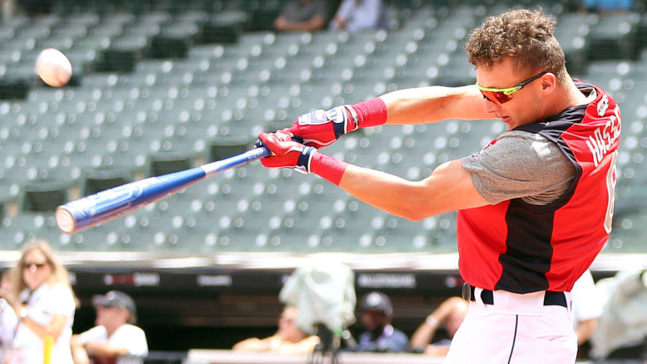 CLEVELAND, OH - JULY 7: Robert Hassell bats during the High School Home Run Derby at Progressive field during All-Star Week on Sunday, July 7, 2019 in Cleveland, Ohio.