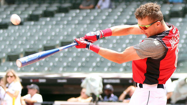 CLEVELAND, OH - JULY 7: Robert Hassell bats during the High School Home Run Derby at Progressive field during All-Star Week on Sunday, July 7, 2019 in Cleveland, Ohio.