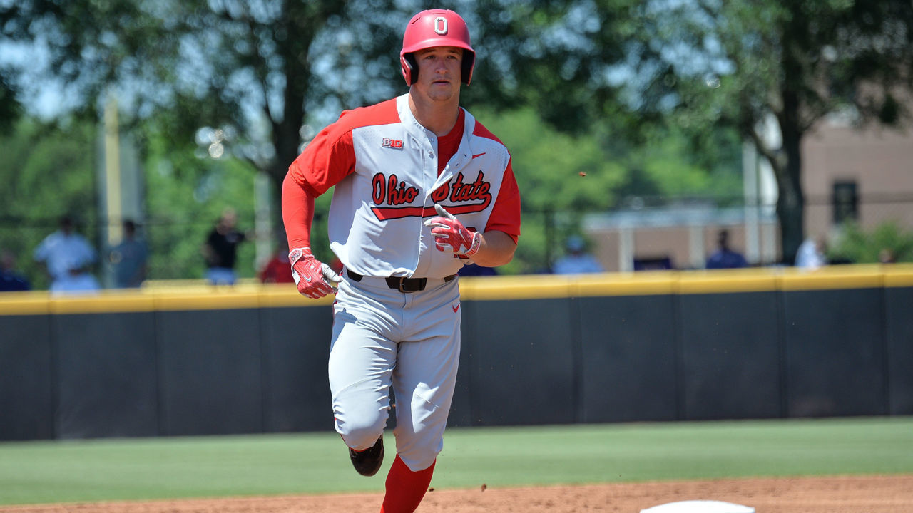 GREENVILLE, NC - JUNE 01: Ohio State catcher Dillon Dingler (10) rounds second base after hitting a home run during the NCAA Baseball Greenville Regional between the South Carolina Gamecocks and the Ohio State Buckeyes at Lewis Field at Clark-LeClair Stadium in Greenville, NC on June 1, 2018. South Carolina defeated Ohio State 8-3.
