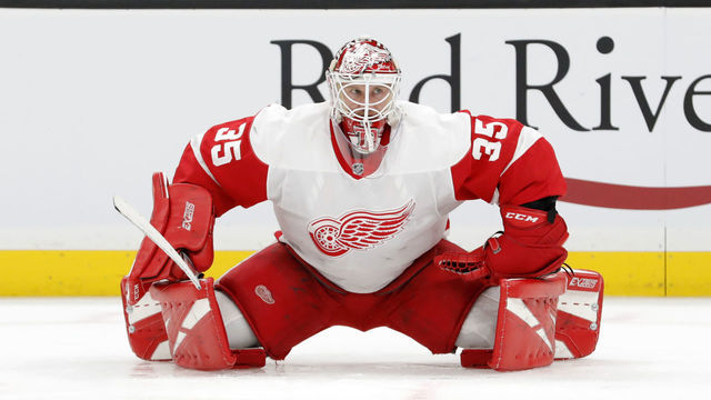 BOSTON, MA - FEBRUARY 15: Detroit Red Wings goalie Jimmy Howard (35) stretches in warm up before a game between the Boston Bruins and the Detroit Red Wings on February 15, 2020, at TD Garden in Boston, Massachusetts.